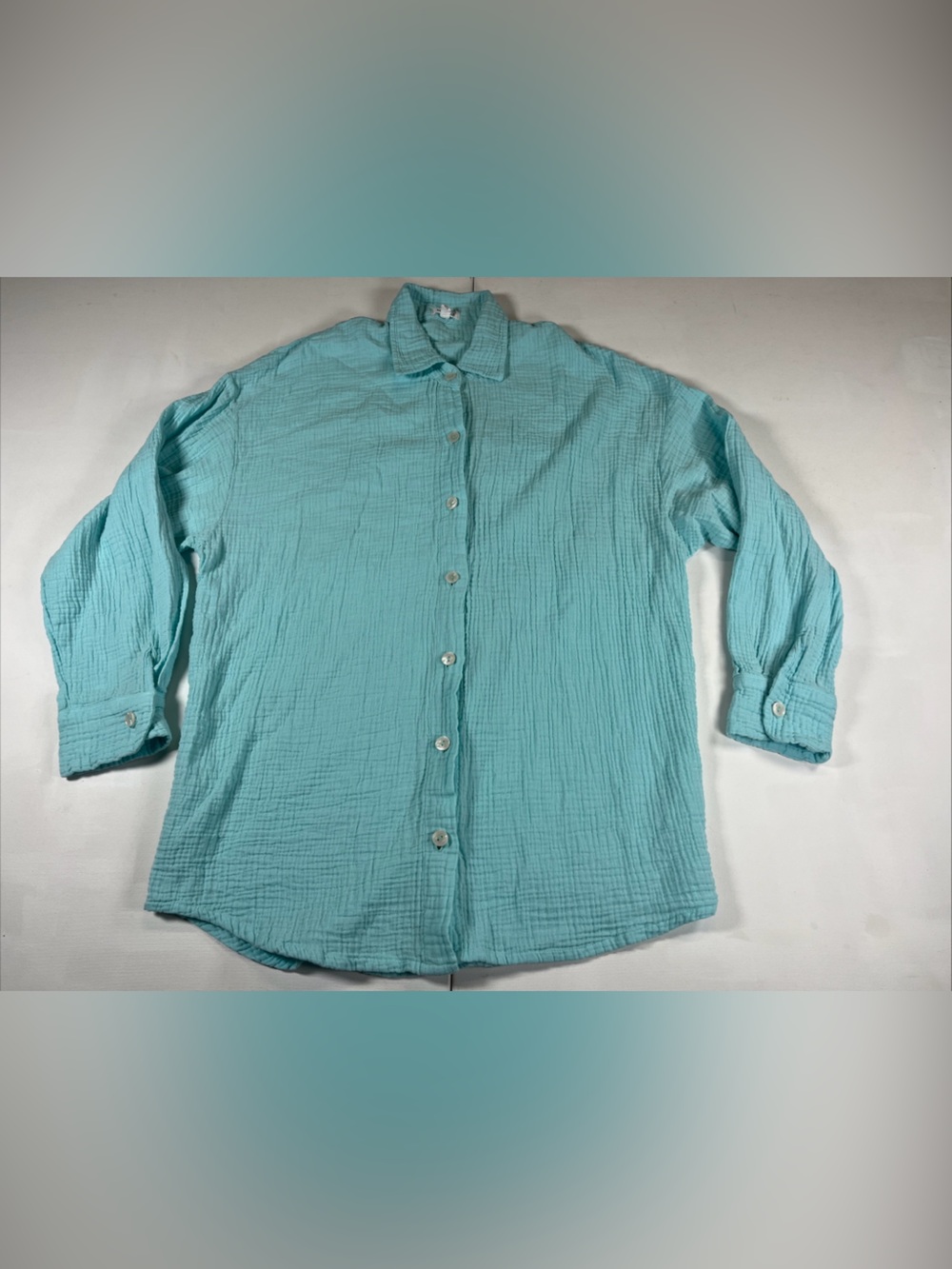 Vitamin A Shirt Aqua Blue Long Sleeve Cotton Gauze Swim Cover Up Women’s L